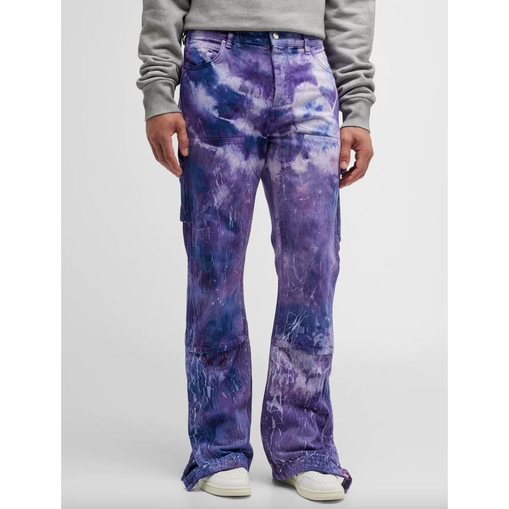 NEW Amiri Men's Cracked Tie Dye Carpenter Purple White Flare Wide Jeans Size 38